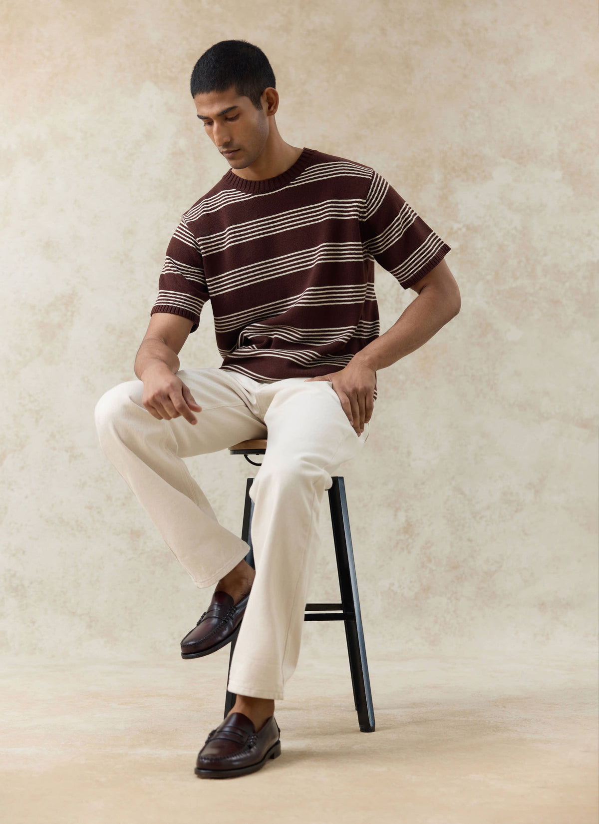 Men's Knit Cotton T Shirt - Fiction Striped - Espresso | Percival