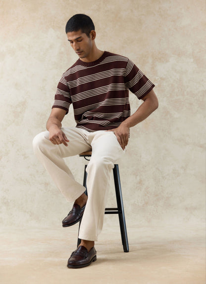 Men's Knit Cotton T Shirt - Fiction Striped - Espresso | Percival