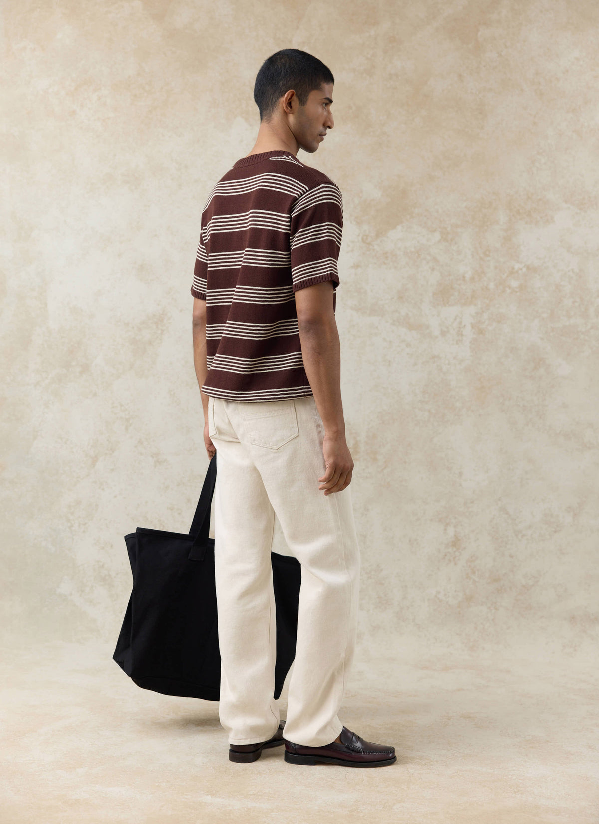 Men's Knit Cotton T Shirt - Fiction Striped - Espresso | Percival