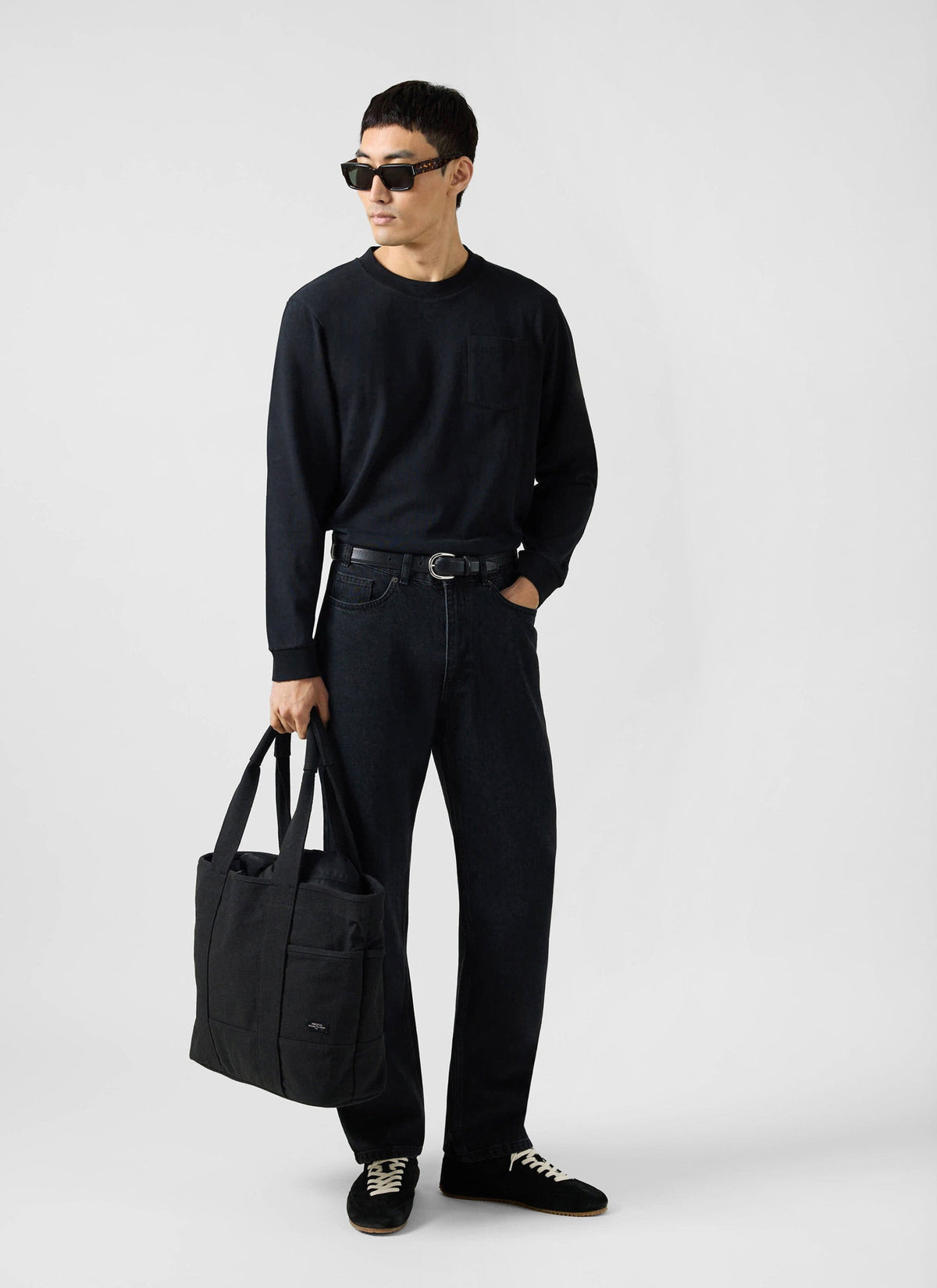 Long Sleeve Crew Neck T Shirt - Cotton - Black | Percival