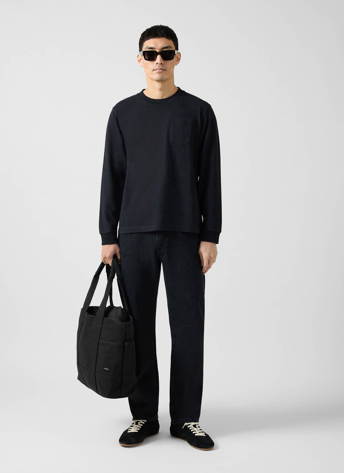 Long Sleeve Crew Neck T Shirt - Cotton - Black | Percival
