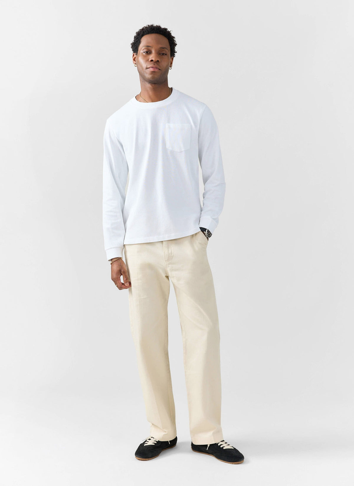 Long Sleeve Crew Neck T Shirt - Cotton - White | Percival
