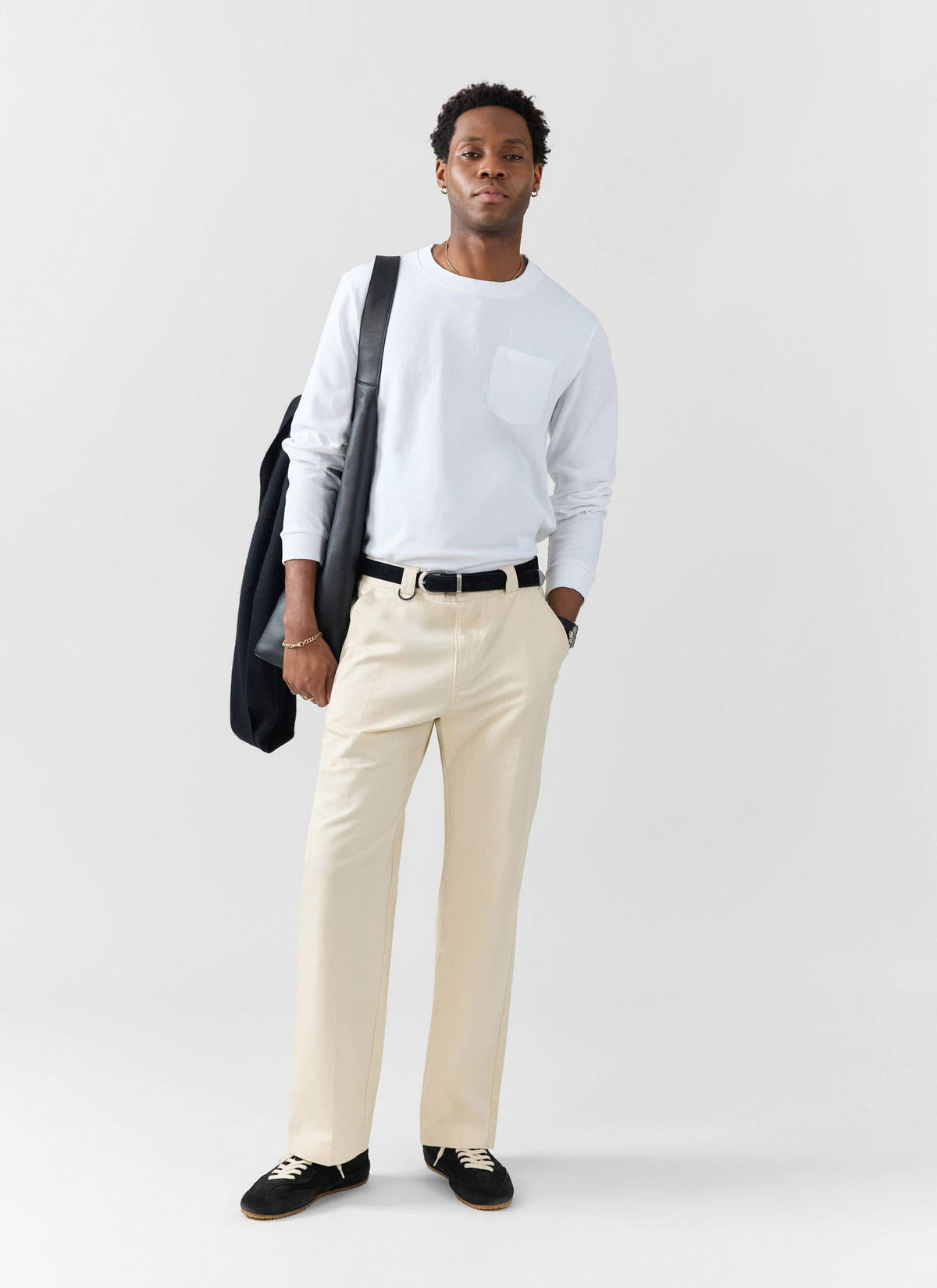 Long Sleeve Crew Neck T Shirt - Cotton - White | Percival