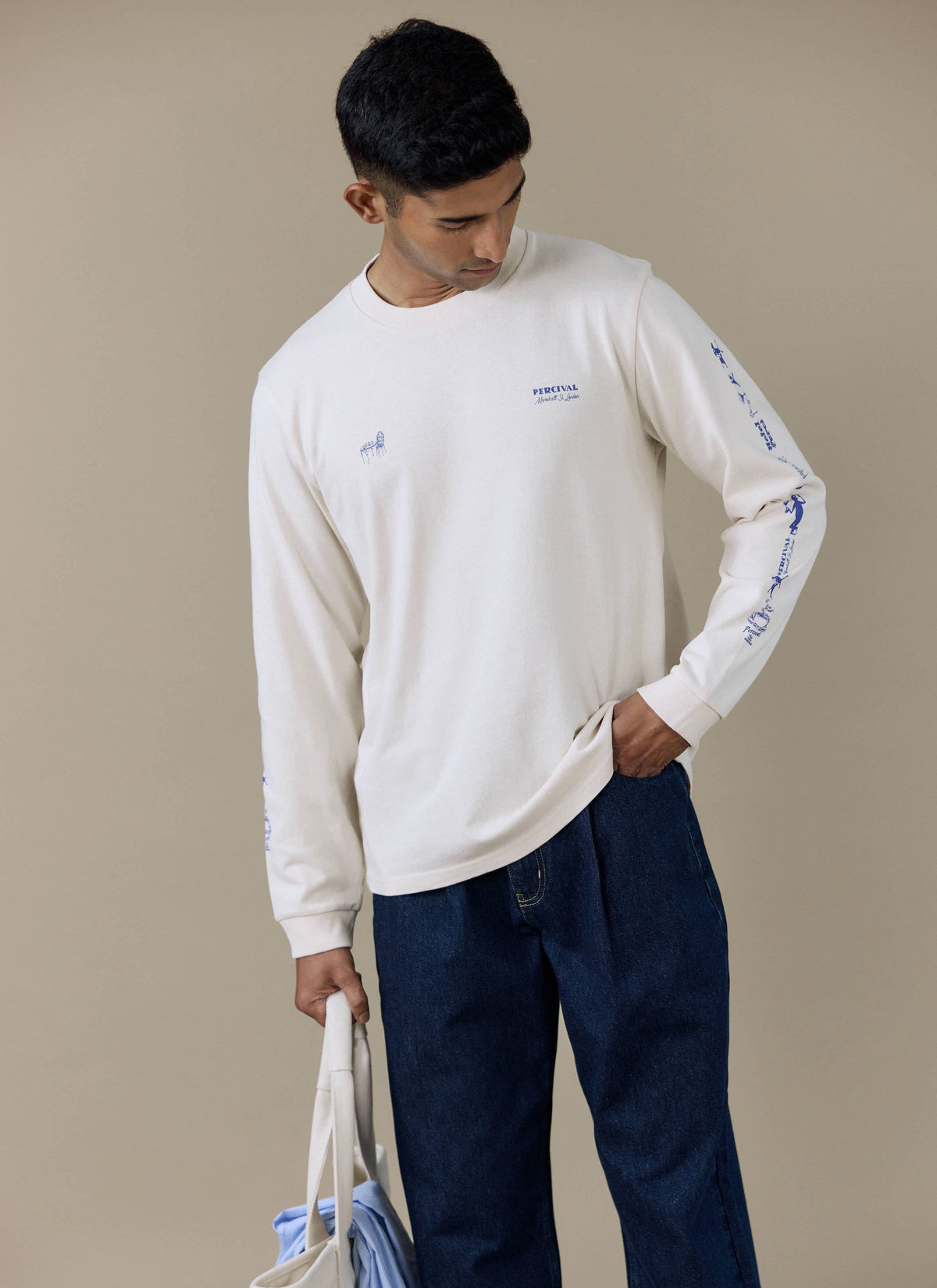 Men's Long Sleeve T Shirt - Fine Wines - Cotton - Cream | Percival