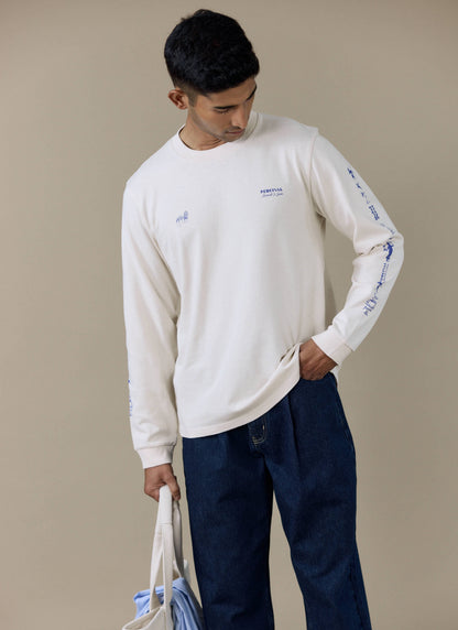 Men's Long Sleeve T Shirt - Fine Wines - Cotton - Cream | Percival