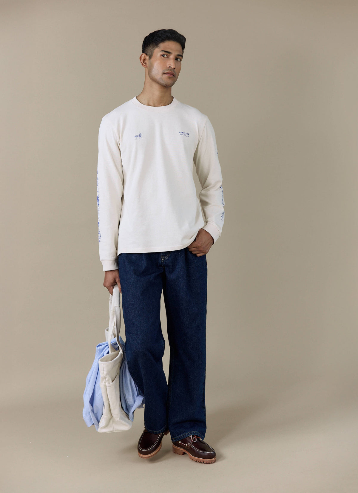 Men's Long Sleeve T Shirt - Fine Wines - Cotton - Cream | Percival