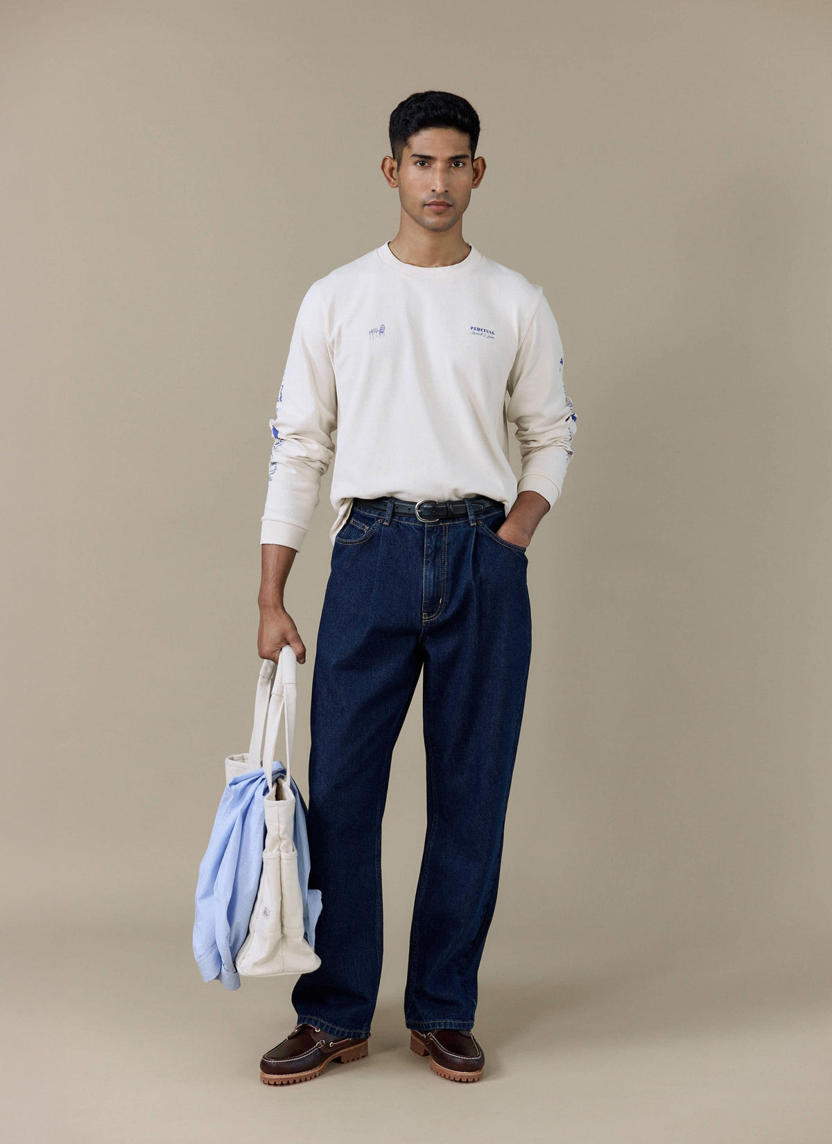 Men's Long Sleeve T Shirt - Fine Wines - Cotton - Cream | Percival