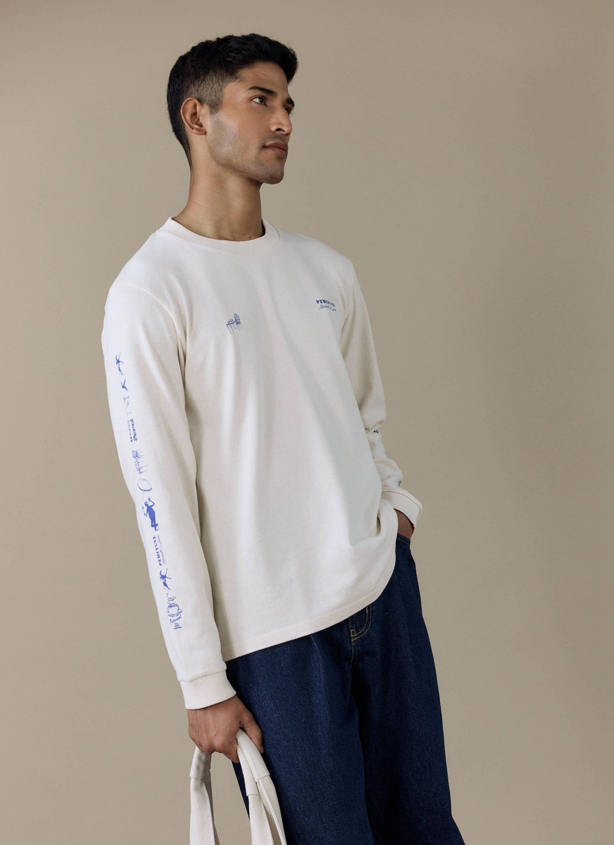 Men's Long Sleeve T Shirt - Fine Wines - Cotton - Cream | Percival