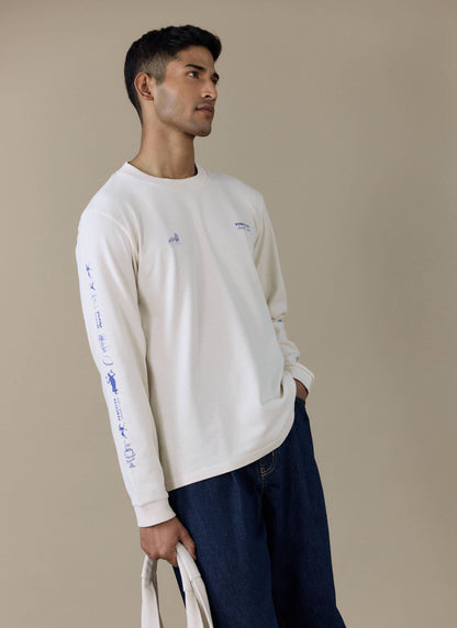 Men's Long Sleeve T Shirt - Fine Wines - Cotton - Cream | Percival