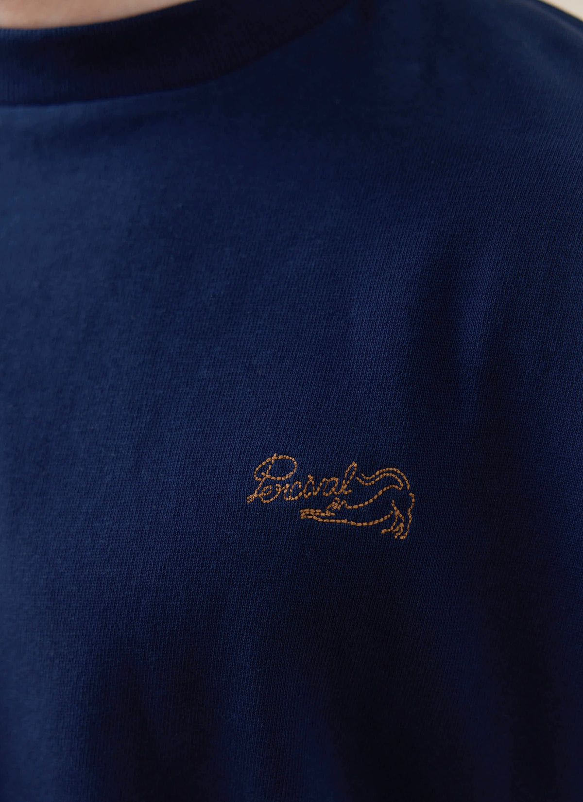 Men's Embroidered Navy T-Shirt - Clarke - Cotton | Percival