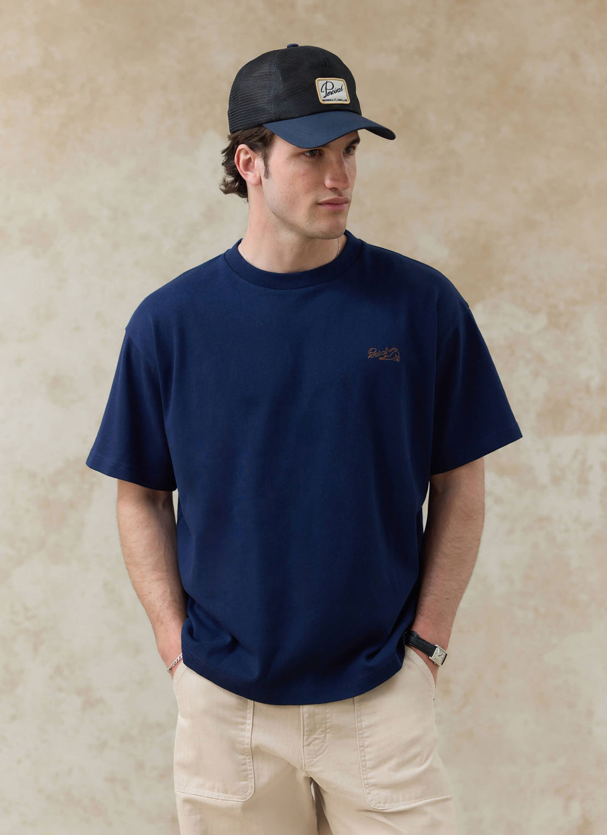 Men's Embroidered Navy T-Shirt - Clarke - Cotton | Percival
