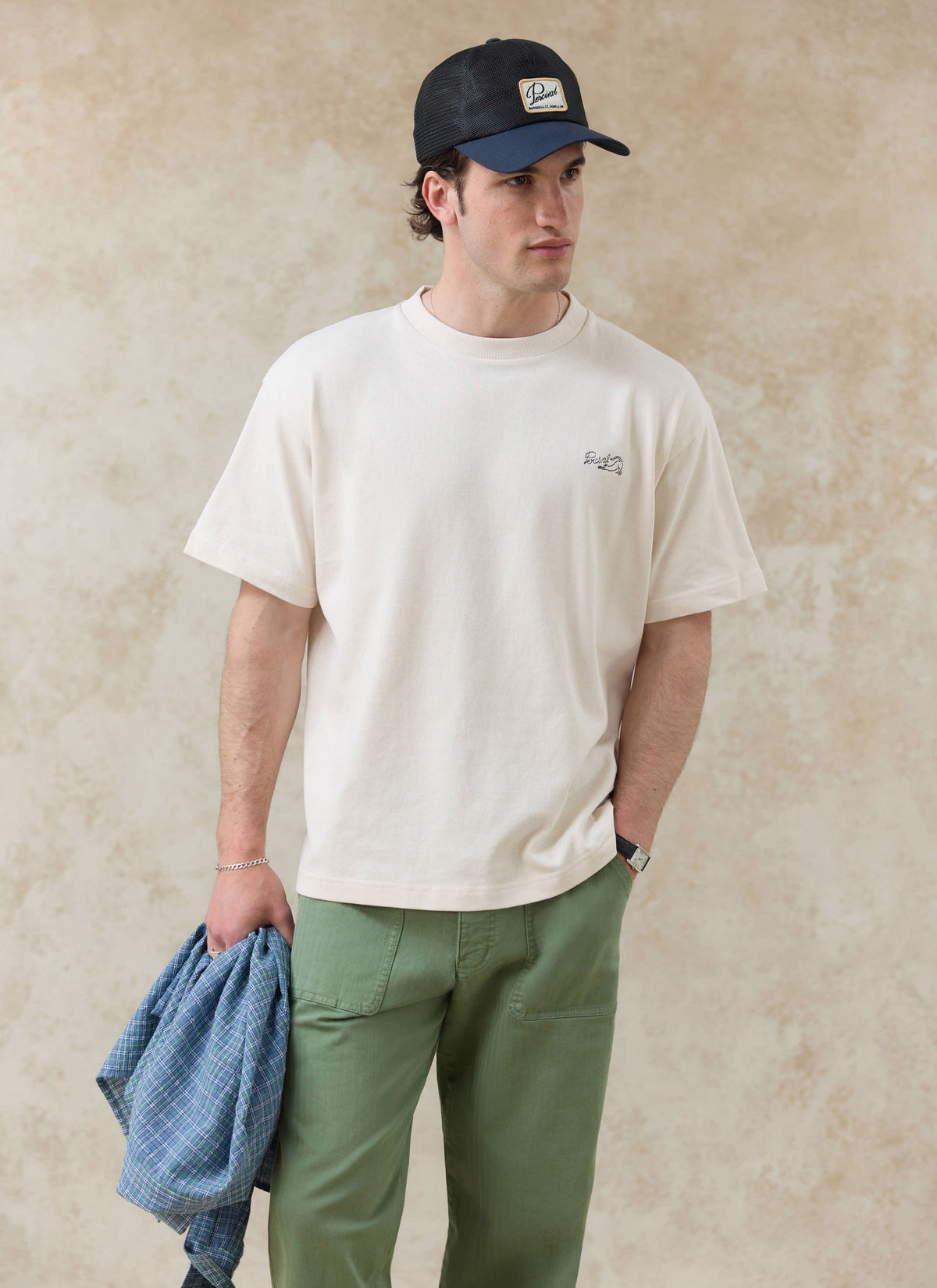 Men's Embroidered Cream T-Shirt - Clarke - Cotton | Percival