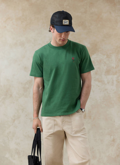 Men's Embroidered T Shirt - Davies - Cotton - Forest Green | Percival