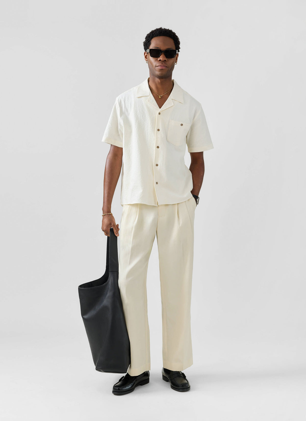Men's Cuban Collar Short Sleeve Shirt - Seersucker - Ecru Cream | Percival
