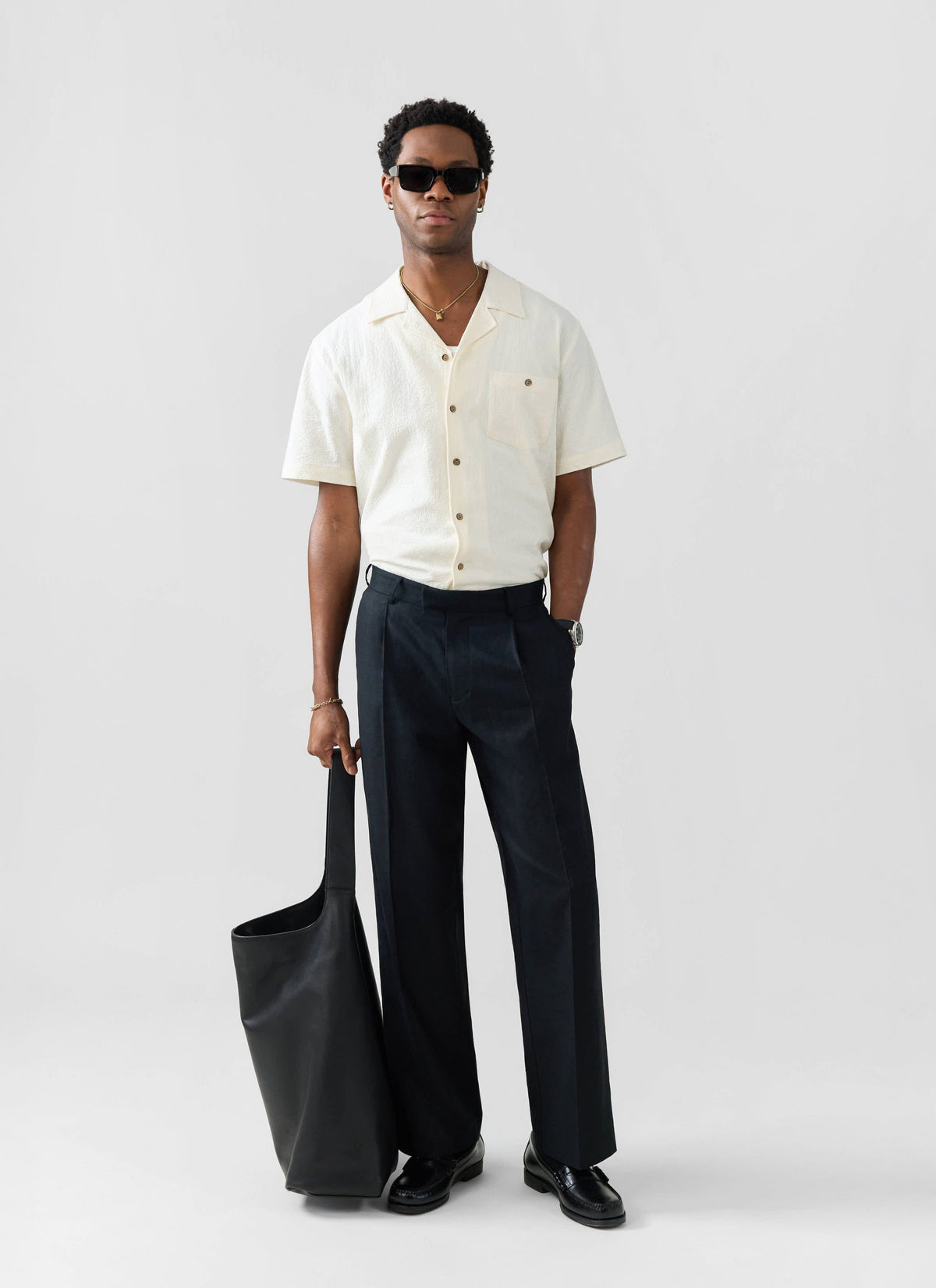 Men's Cuban Collar Short Sleeve Shirt - Seersucker - Ecru Cream | Percival
