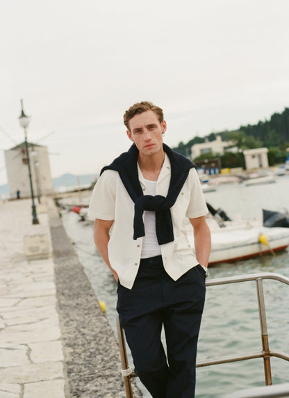 Men's Cuban Collar Short Sleeve Shirt - Seersucker - Ecru Cream | Percival