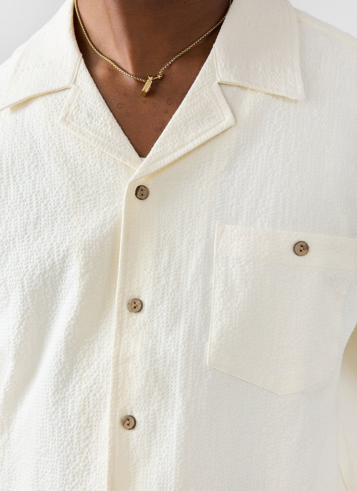 Men's Cuban Collar Short Sleeve Shirt - Seersucker - Ecru Cream | Percival
