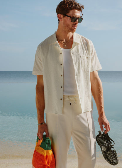 Men's Cuban Collar Short Sleeve Shirt - Seersucker - Ecru Cream | Percival