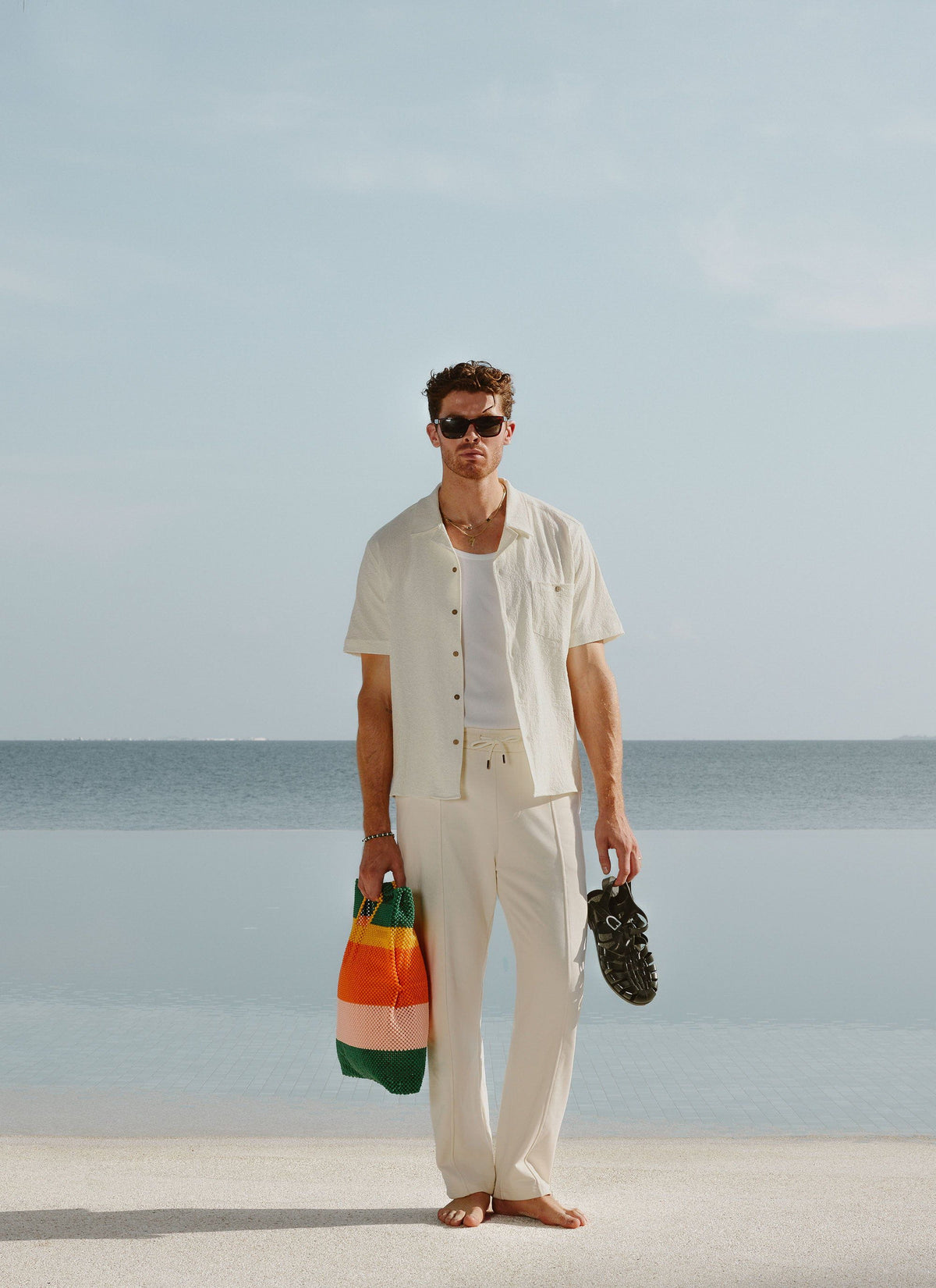 Men's Cuban Collar Short Sleeve Shirt - Seersucker - Ecru Cream | Percival