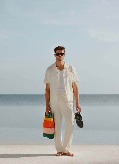 Men's Cuban Collar Short Sleeve Shirt - Seersucker - Ecru Cream | Percival