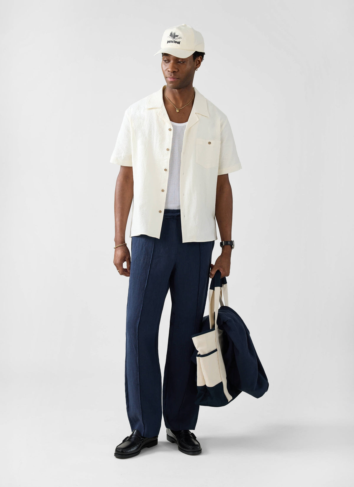 Men's Cuban Collar Short Sleeve Shirt - Seersucker - Ecru Cream | Percival