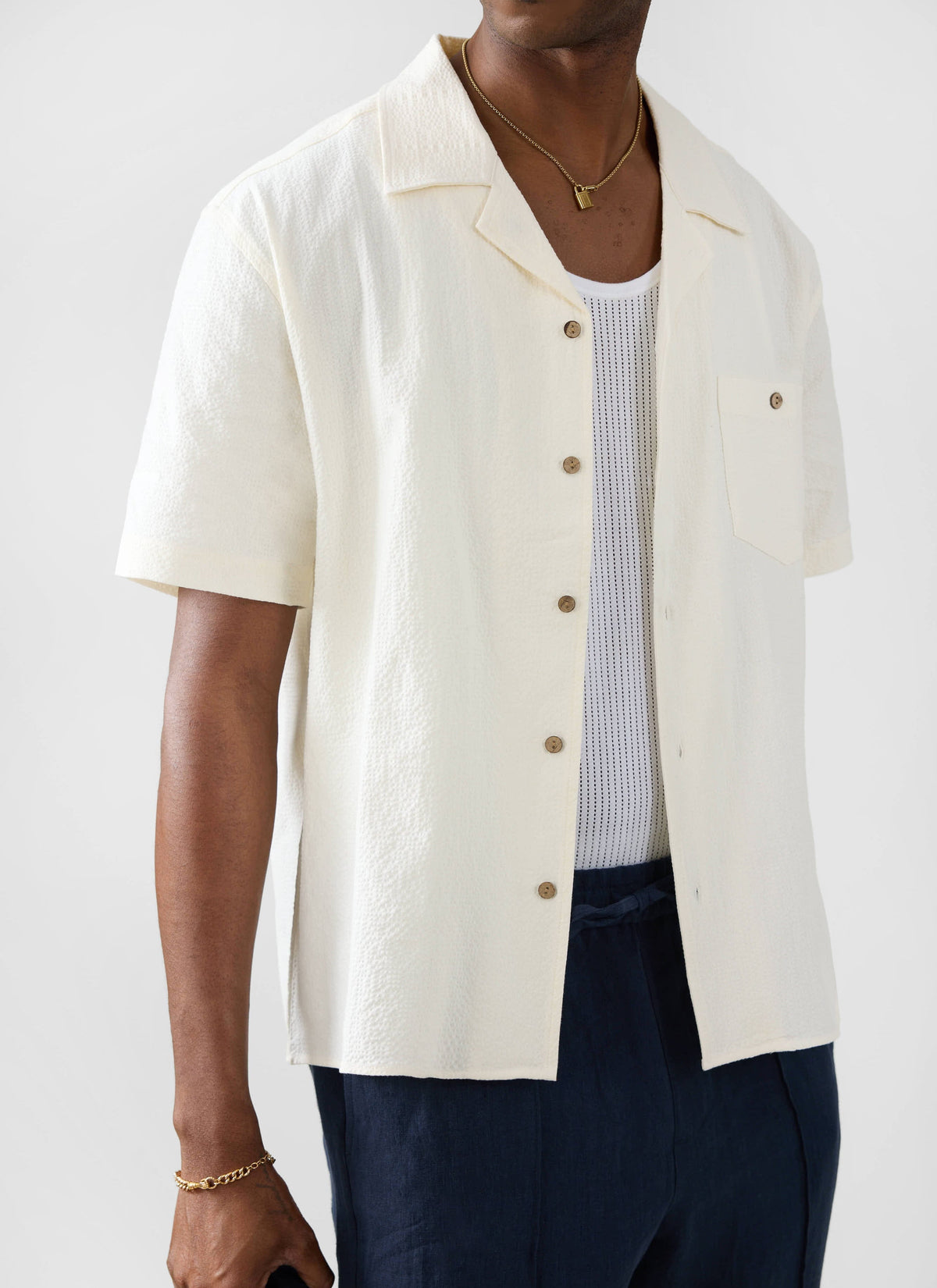 Men's Cuban Collar Short Sleeve Shirt - Seersucker - Ecru Cream | Percival