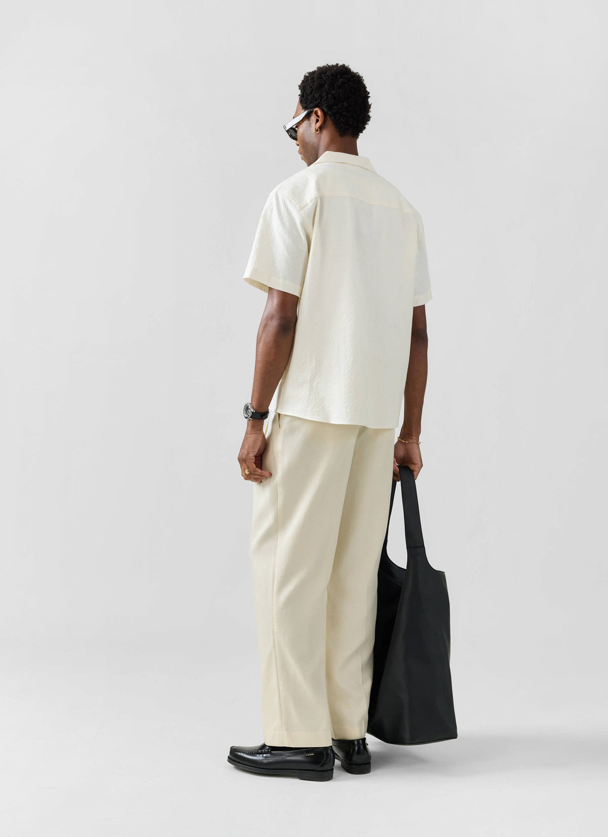 Men's Cuban Collar Short Sleeve Shirt - Seersucker - Ecru Cream | Percival