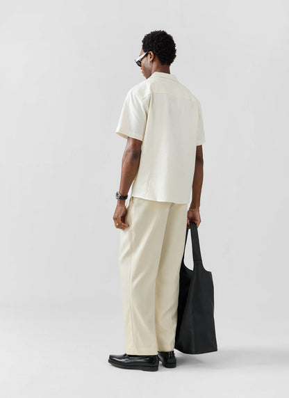 Men's Cuban Collar Short Sleeve Shirt - Seersucker - Ecru Cream | Percival