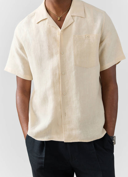 Men's Short Sleeve Cuban Shirt - Linen - Natural White | Percival
