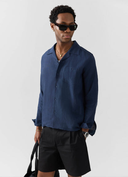 Long Sleeve Cuban Linen Shirt - Navy | Percival