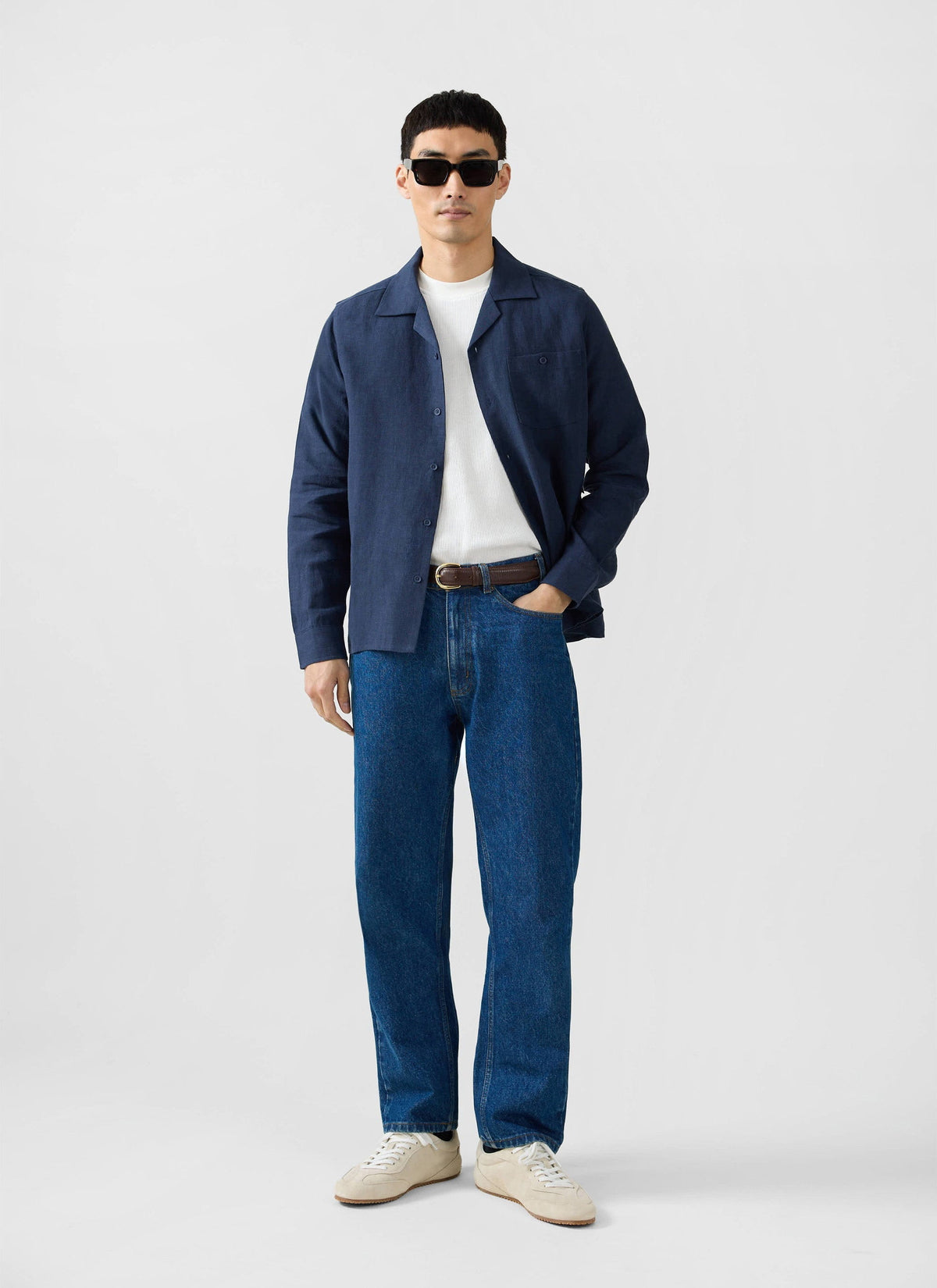 Long Sleeve Cuban Linen Shirt - Navy | Percival