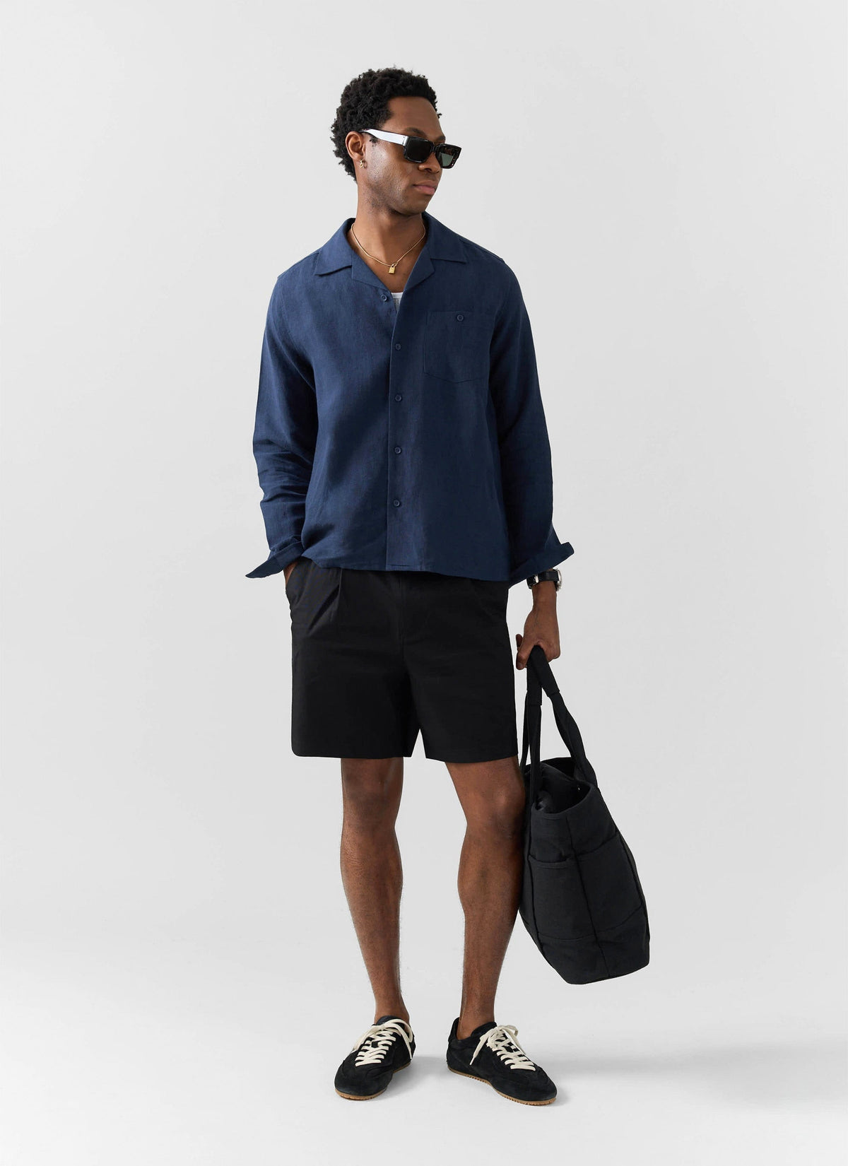 Long Sleeve Cuban Linen Shirt - Navy | Percival