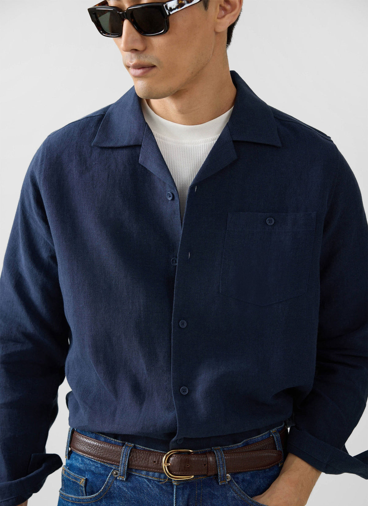 Long Sleeve Cuban Linen Shirt - Navy | Percival