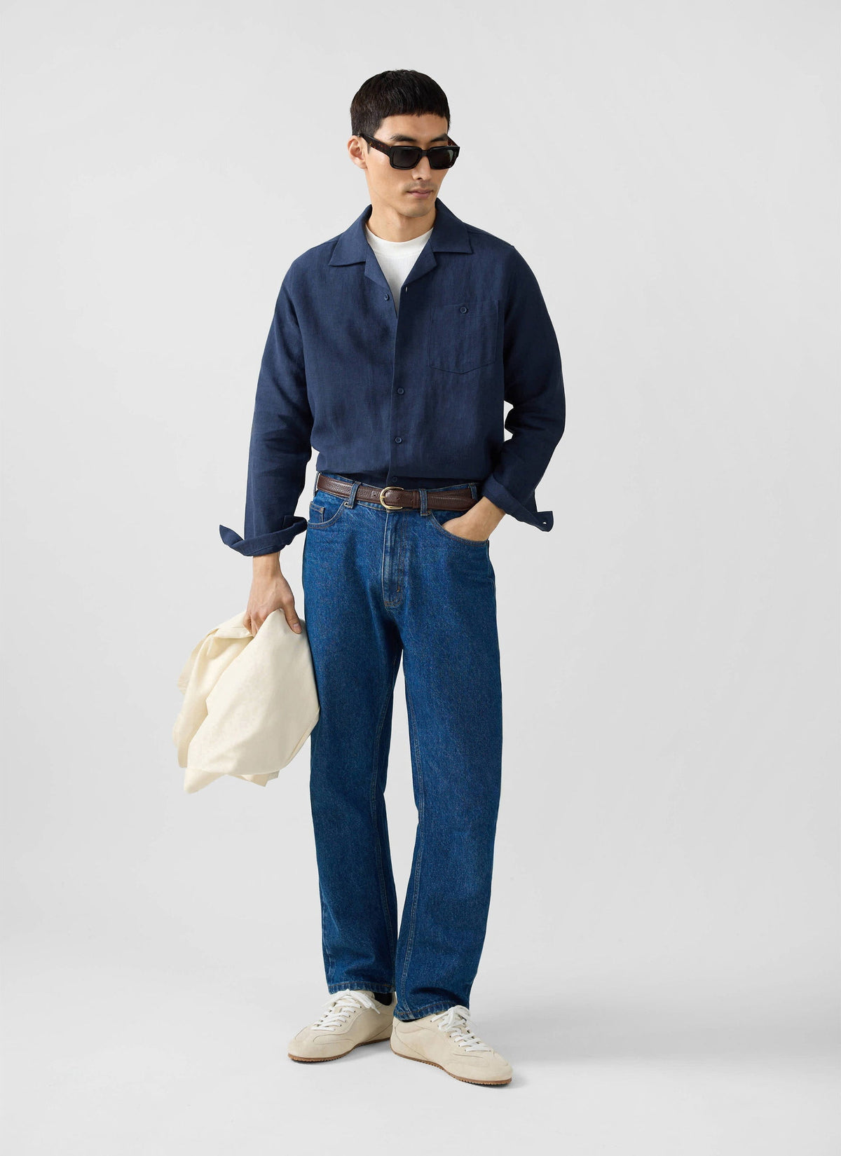 Long Sleeve Cuban Linen Shirt - Navy | Percival