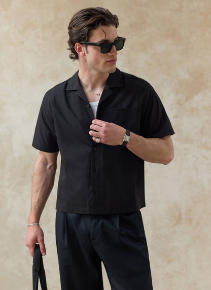 Men's Black Cuban Collar Shirt - Daniel - Cotton | Percival