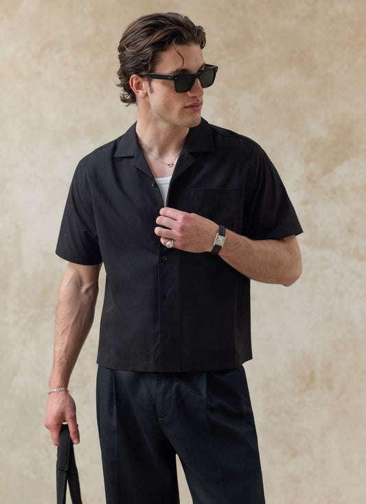 Men's Black Cuban Collar Shirt - Daniel - Cotton | Percival