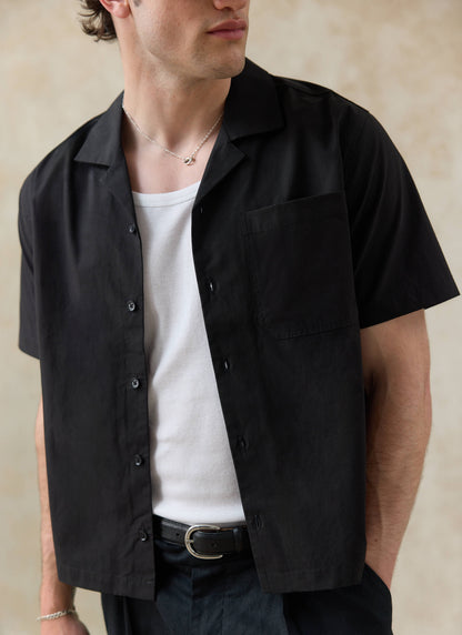 Men's Black Cuban Collar Shirt - Daniel - Cotton | Percival