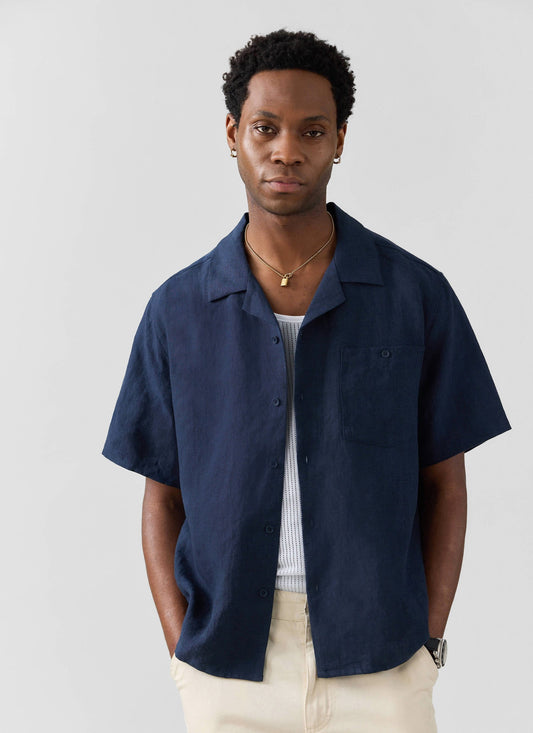 Men's Short Sleeve Cuban Shirt - 100% Linen - Navy Blue | Percival