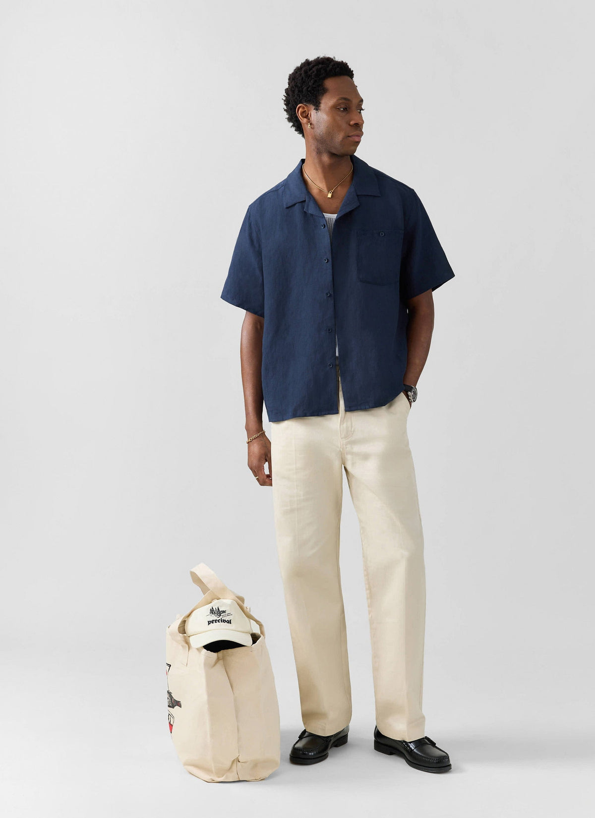 Men's Short Sleeve Cuban Shirt - 100% Linen - Navy Blue | Percival