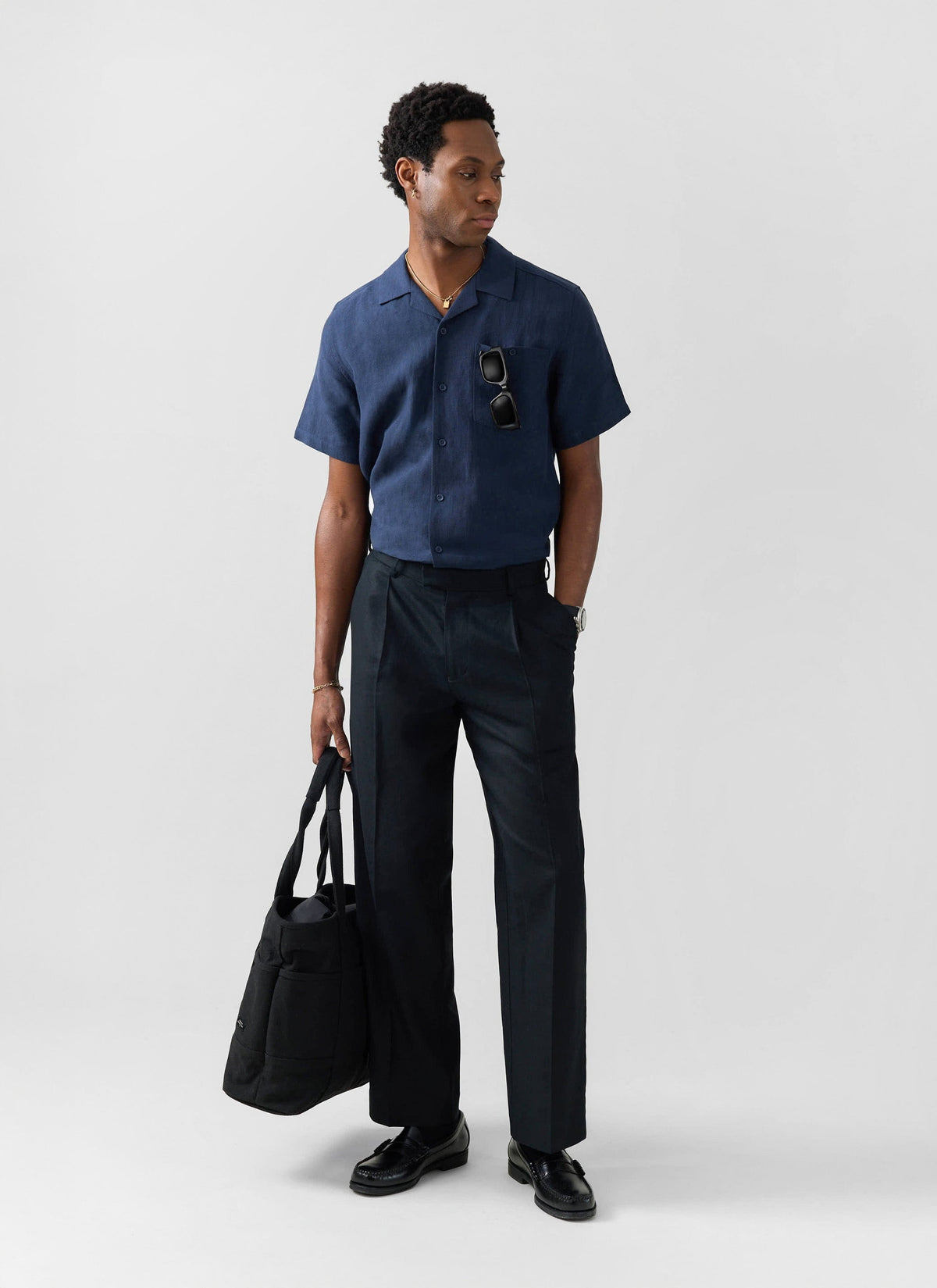 Men's Short Sleeve Cuban Shirt - 100% Linen - Navy Blue | Percival