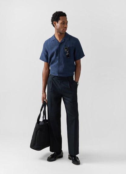 Men's Short Sleeve Cuban Shirt - 100% Linen - Navy Blue | Percival