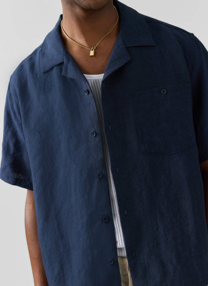 Men's Short Sleeve Cuban Shirt - 100% Linen - Navy Blue | Percival