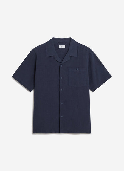Men's Short Sleeve Cuban Shirt - 100% Linen - Navy Blue | Percival
