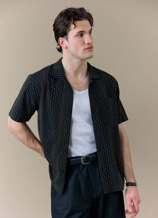 Men's Cuban Collar Shirt: Leland - Black - Cotton | Percival
