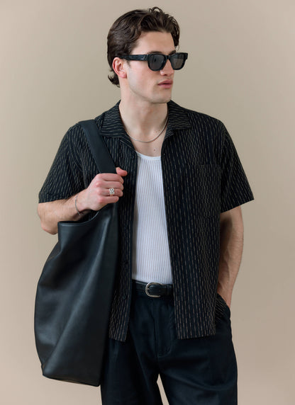 Men's Cuban Collar Shirt: Leland - Black - Cotton | Percival