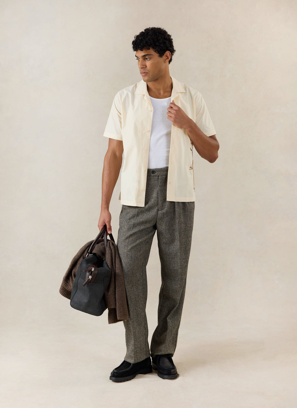 Men's Cream Embroidered Cuban Shirt - Cotton | Percival
