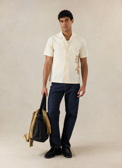 Men's Cream Embroidered Cuban Shirt - Cotton | Percival
