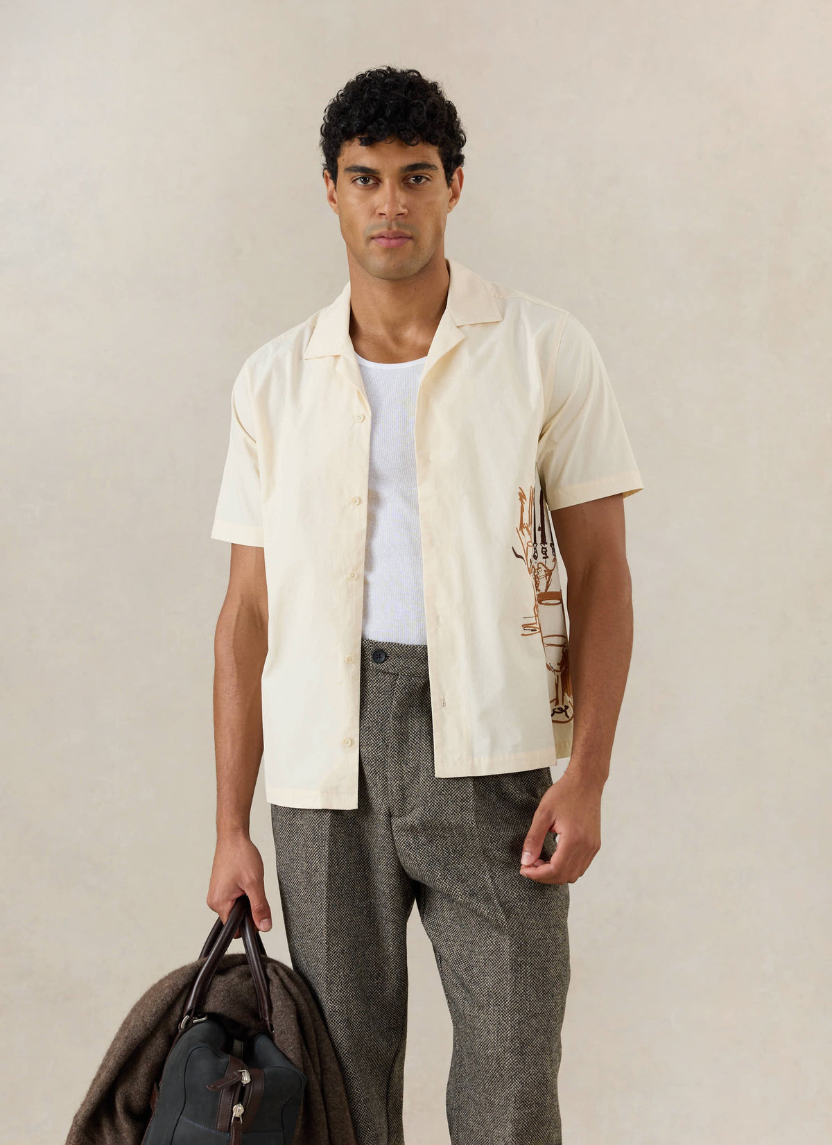 Men's Cream Embroidered Cuban Shirt - Cotton | Percival