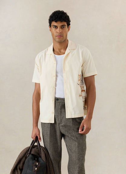 Men's Cream Embroidered Cuban Shirt - Cotton | Percival
