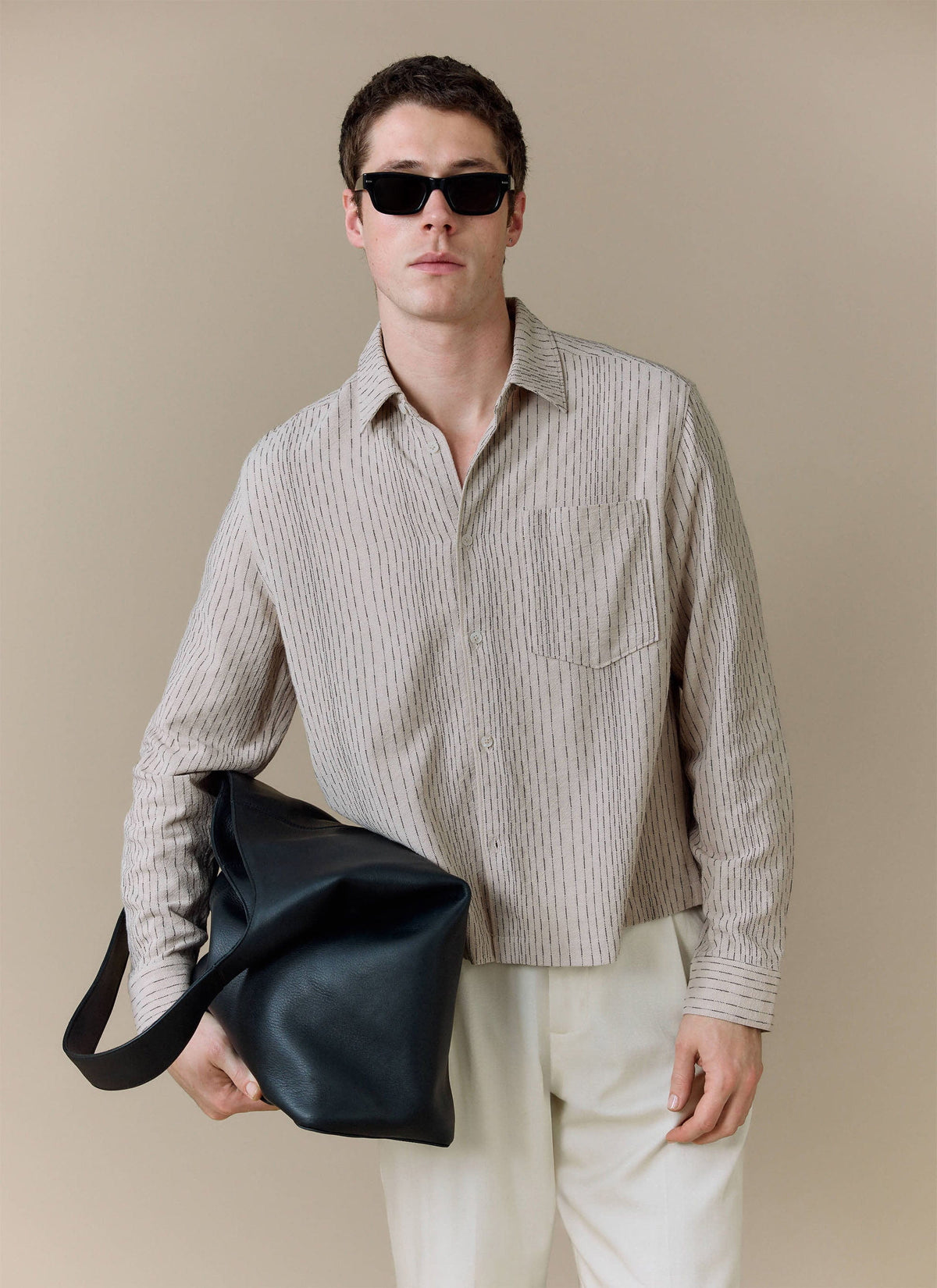 Men's Leland Cuban Boxy Long Sleeve Shirt - Cotton - Ecru | Percival